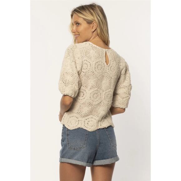 Amuse Society Cream Beige Crochet Knit Top Small Puff Sleeve Cotton Cottage Boho - Picture 9 of 9
